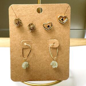 3 Pair Gold Tone Pierced Earrings Heart and Garnet Dangle Rose Dandelion Vintage